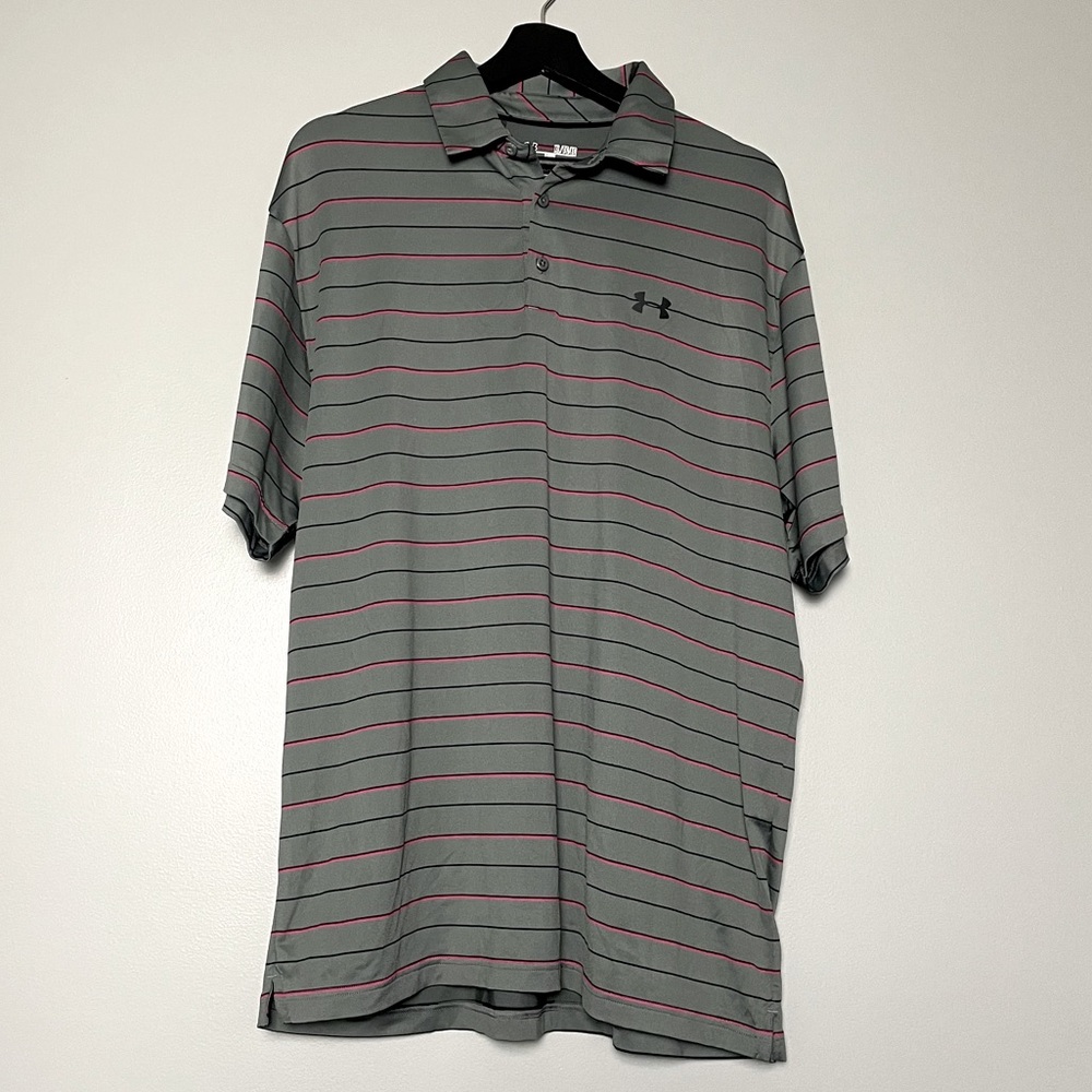 Under Armour grey/pink stripe short sleeve heat gear coldblack golf shirt polo